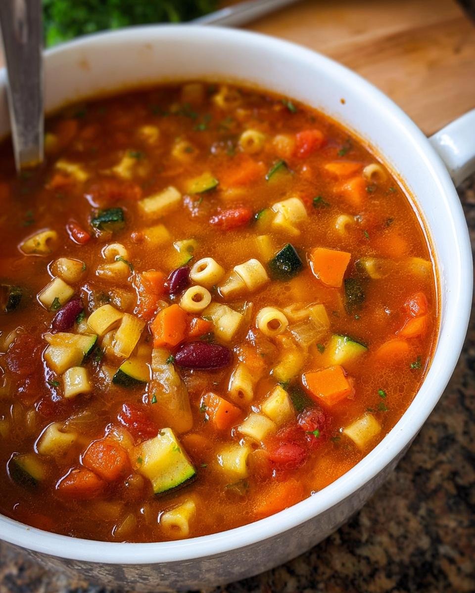 Close-up of a white bowl filled with Hearty Minestrone Soup One Pot, showing vegetables and pasta.