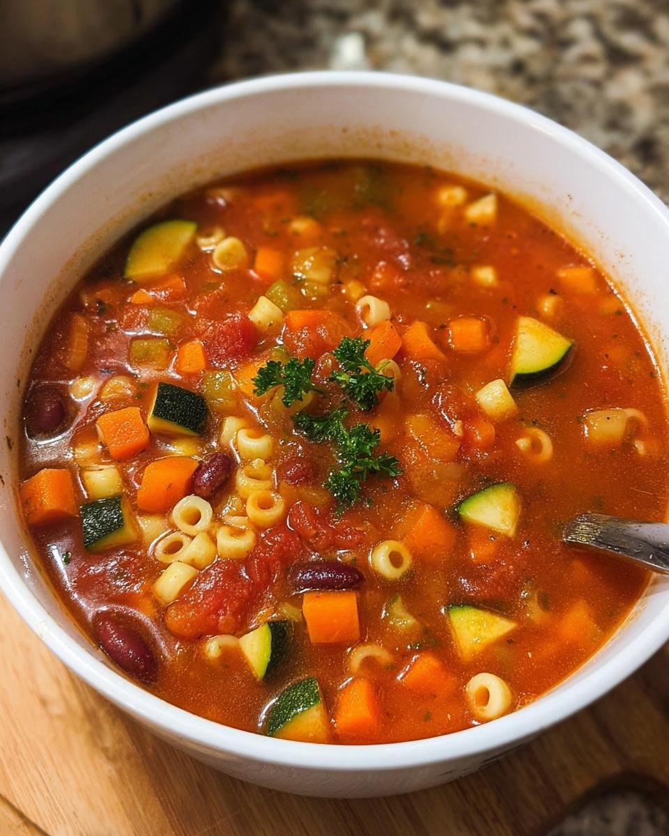 Close-up of a white bowl filled with Hearty Minestrone Soup One Pot, showing vegetables, pasta, and beans.