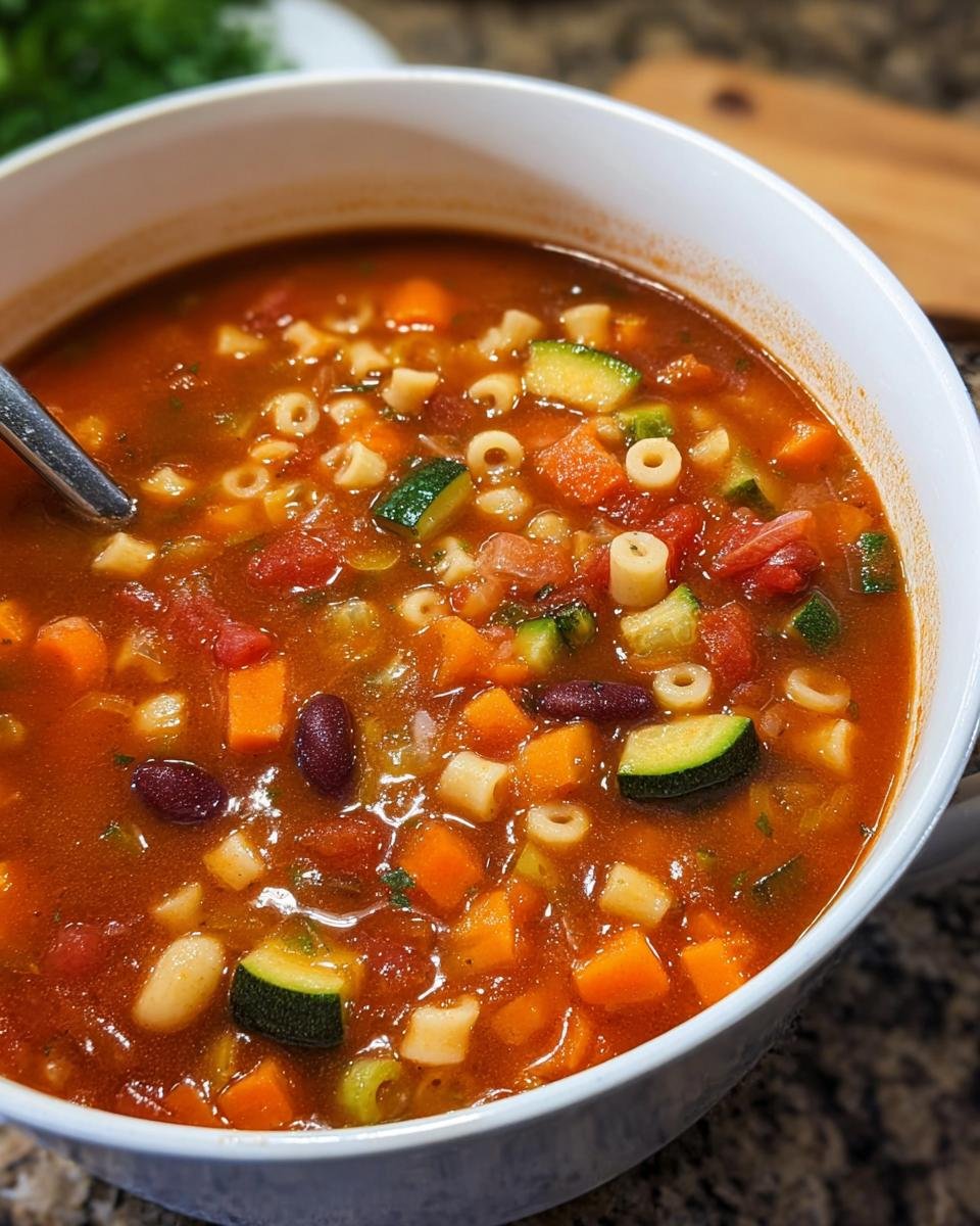 Close-up of a white bowl filled with steaming Hearty Minestrone Soup One Pot, showing diced carrots, zucchini, beans, and pasta.