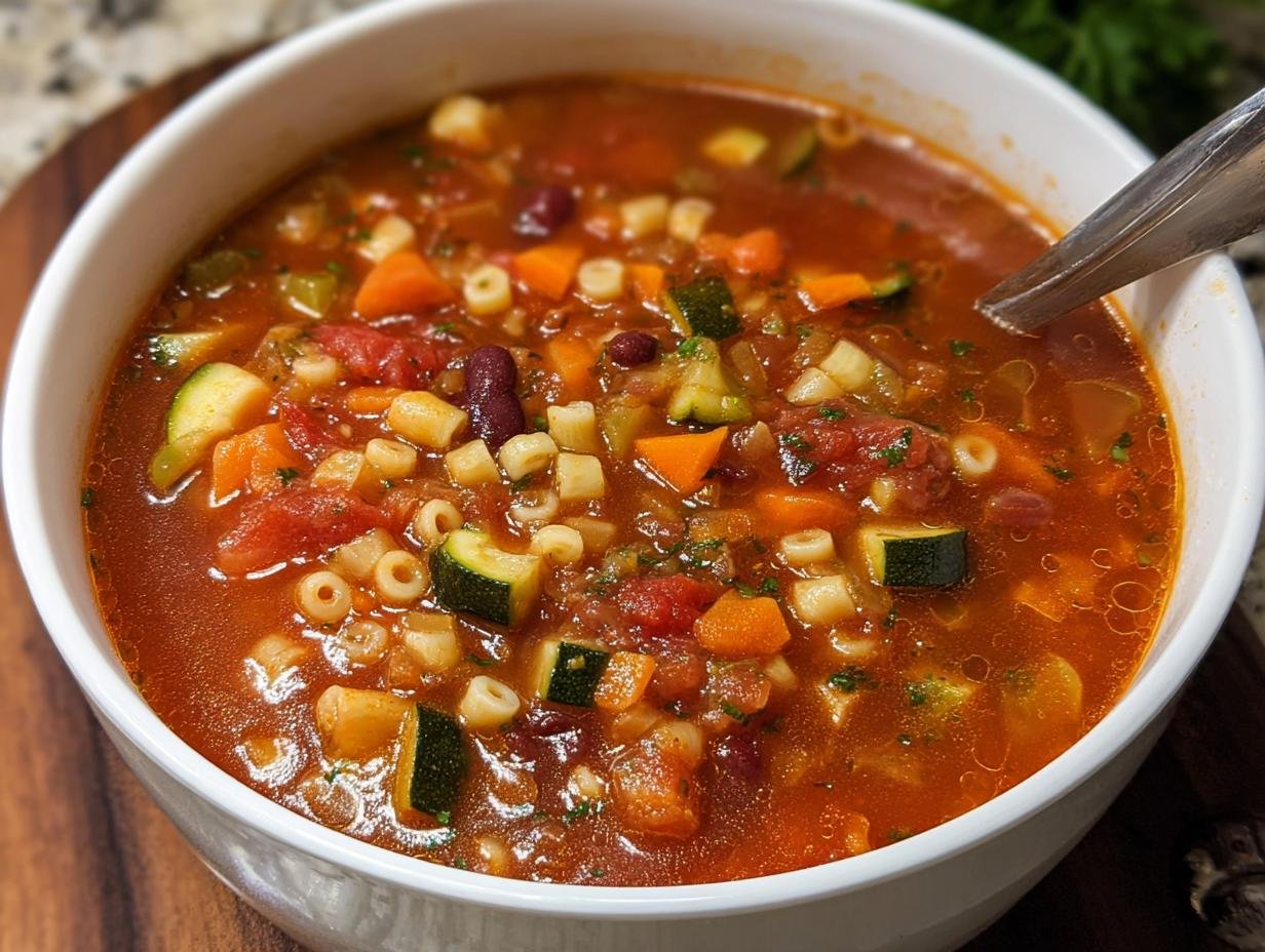 A close-up of a white bowl filled with steaming Hearty Minestrone Soup One Pot, showing vegetables, pasta, and beans.