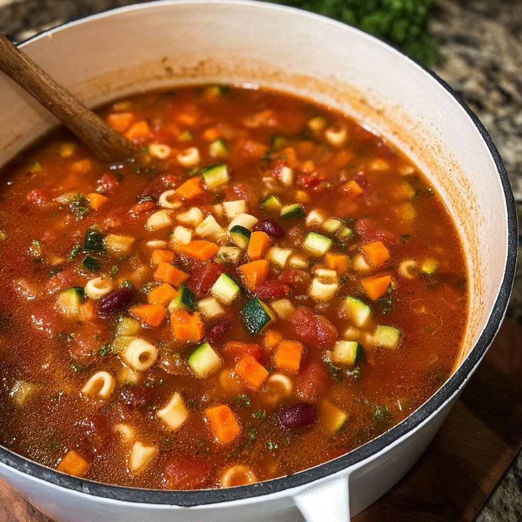 Close-up of Hearty Minestrone Soup One Pot simmering in a white Dutch oven with visible vegetables and pasta.