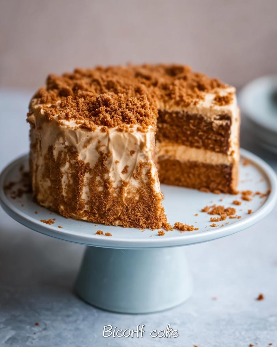 A slice of moist Biscoff cake with creamy frosting and crumbled Biscoff cookies on top.