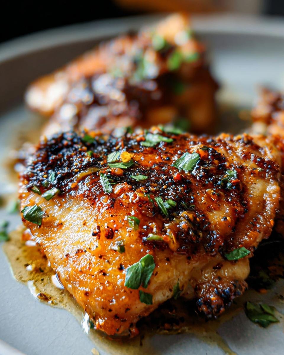 Close-up of a perfectly cooked, juicy Garlic Butter Chicken Thighs glistening with sauce and topped with herbs.