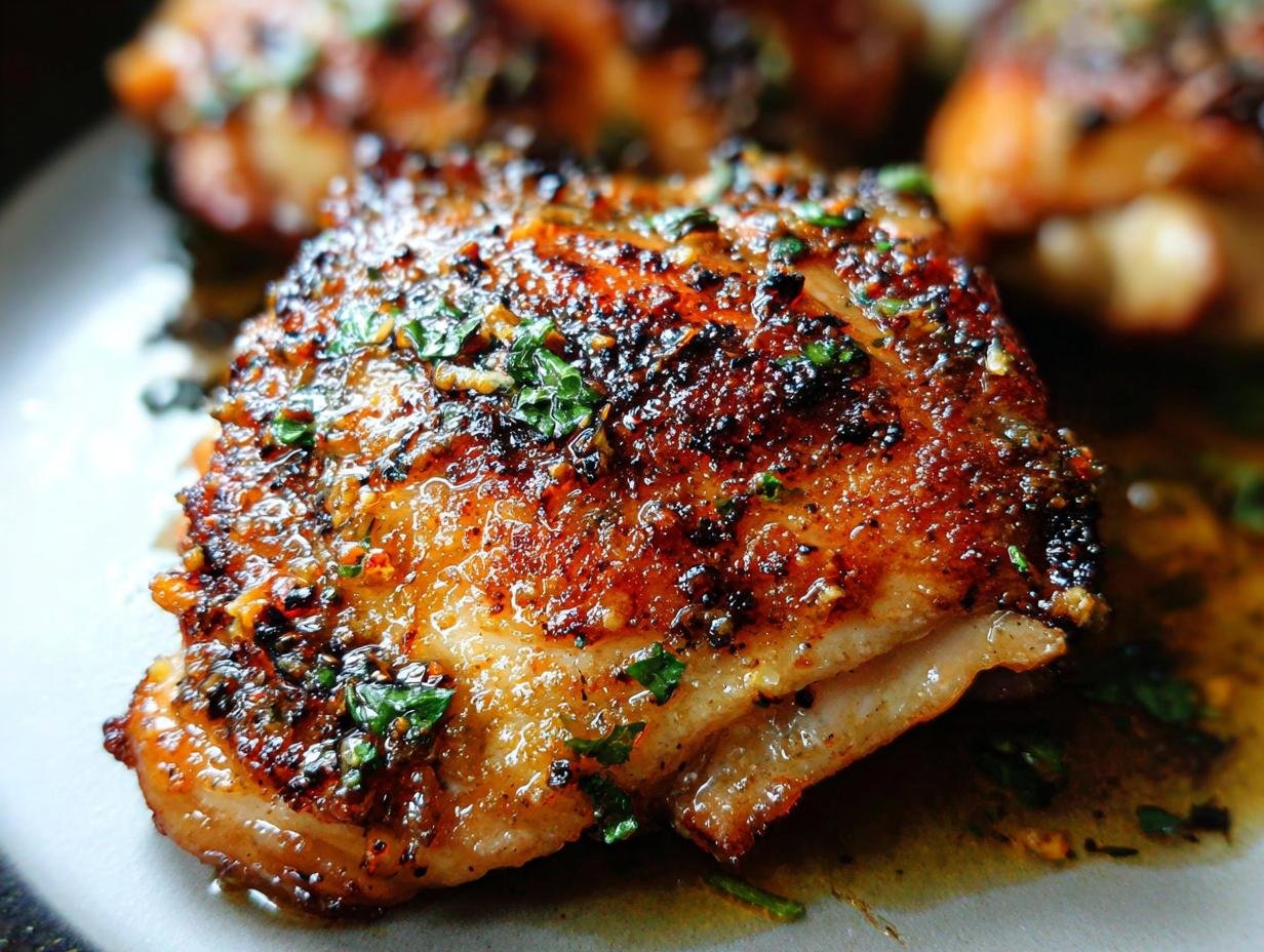 Close-up of a perfectly cooked, juicy Garlic Butter Chicken Thighs with crispy, browned skin and fresh parsley.