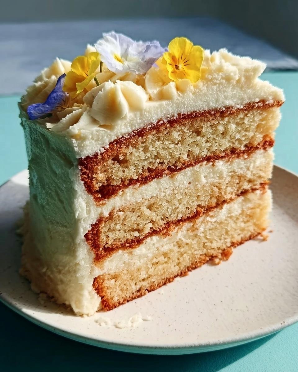 A slice of layered vanilla cake with white frosting, decorated with edible flowers, perfect for wowing guests.