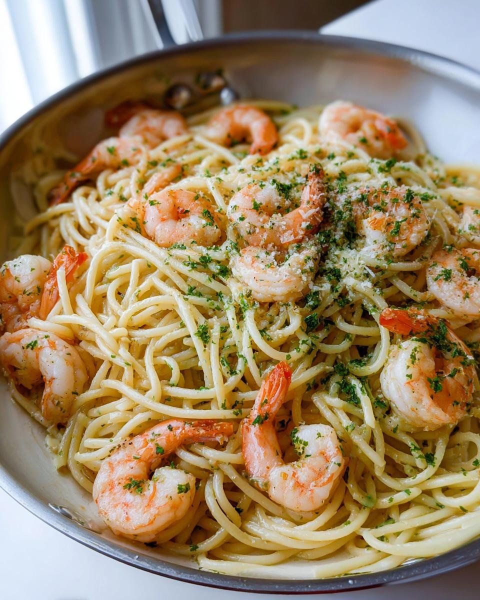Close-up of Lemon Butter Shrimp Pasta Fast, featuring shrimp tossed with spaghetti in a light sauce, garnished with parsley and cheese.
