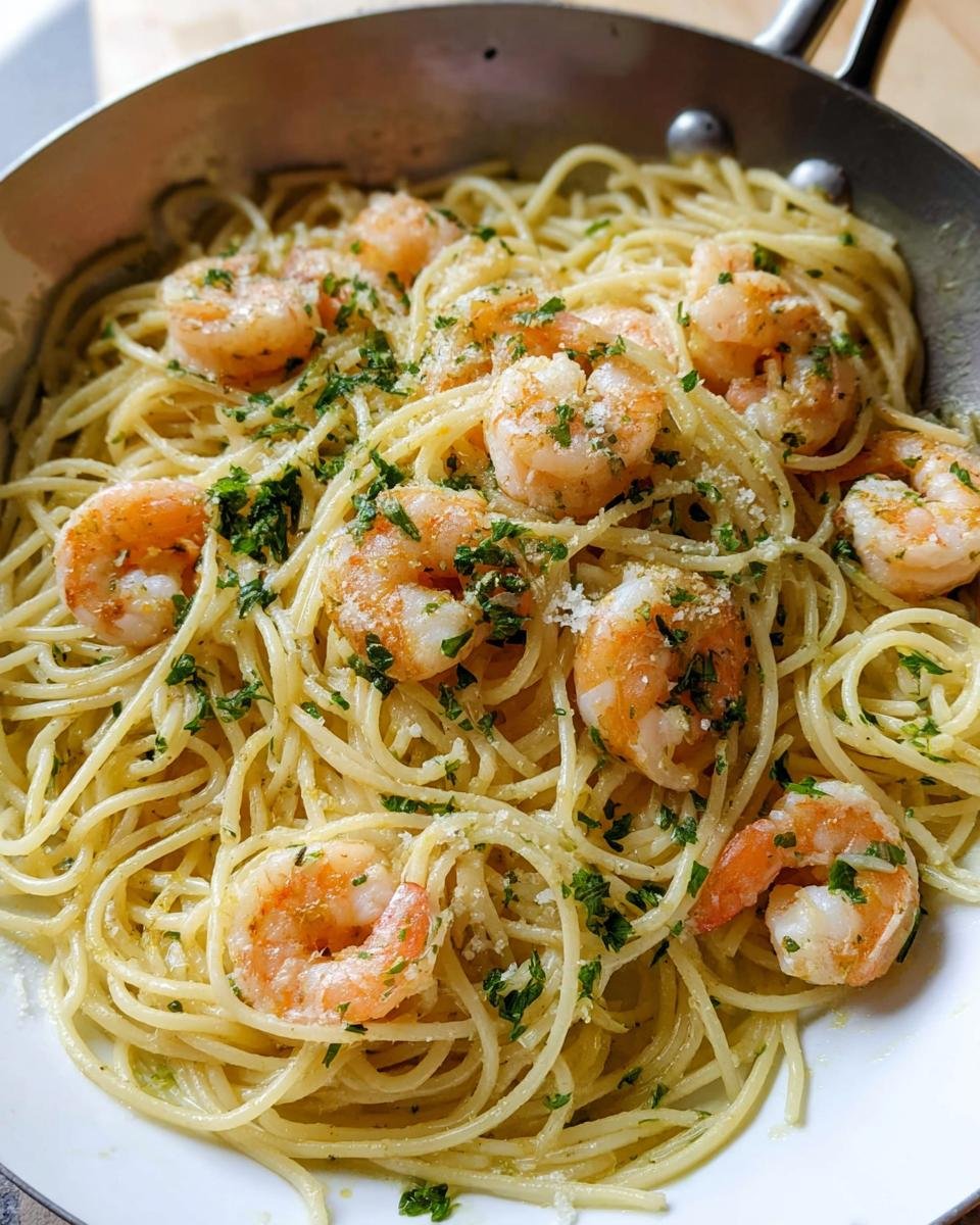 Close-up of Lemon Butter Shrimp Pasta Fast tossed with shrimp, parsley, and Parmesan cheese in a stainless steel pan.