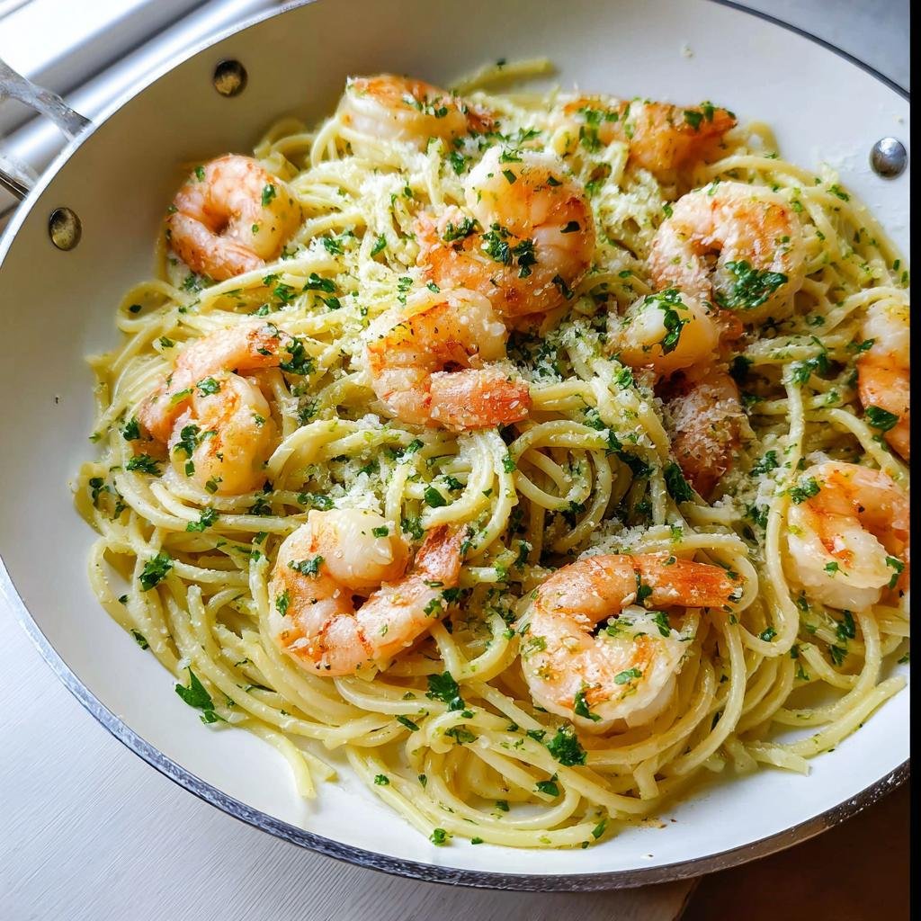 Close-up of Lemon Butter Shrimp Pasta Fast tossed in a white skillet, topped with shrimp, parsley, and Parmesan.