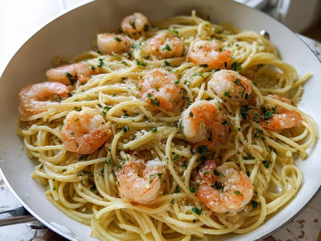 Close-up of Lemon Butter Shrimp Pasta Fast tossed with parsley and Parmesan cheese in a white skillet.