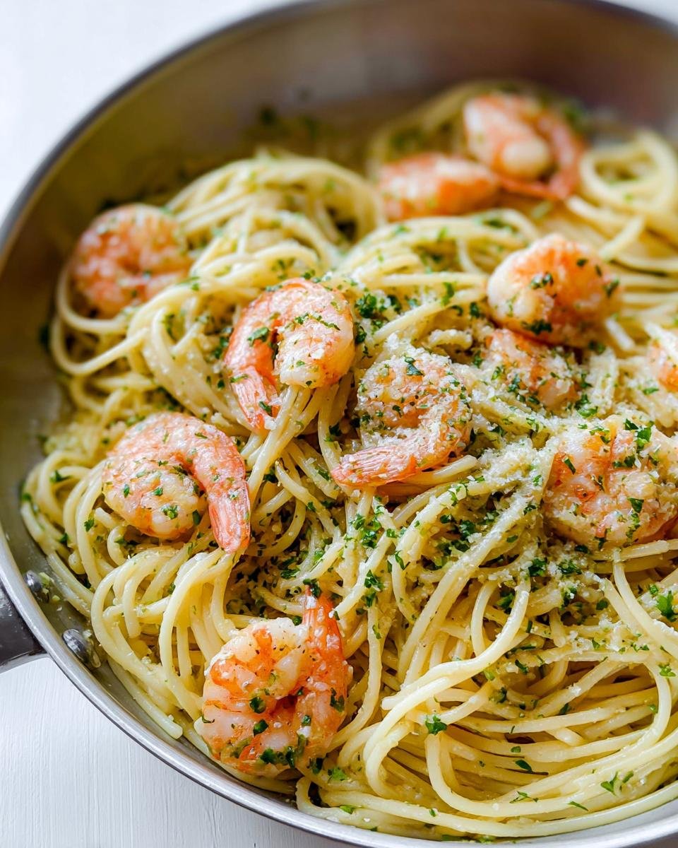 Close-up of Lemon Butter Shrimp Pasta Fast with cooked shrimp, parsley, and parmesan in a stainless steel skillet.