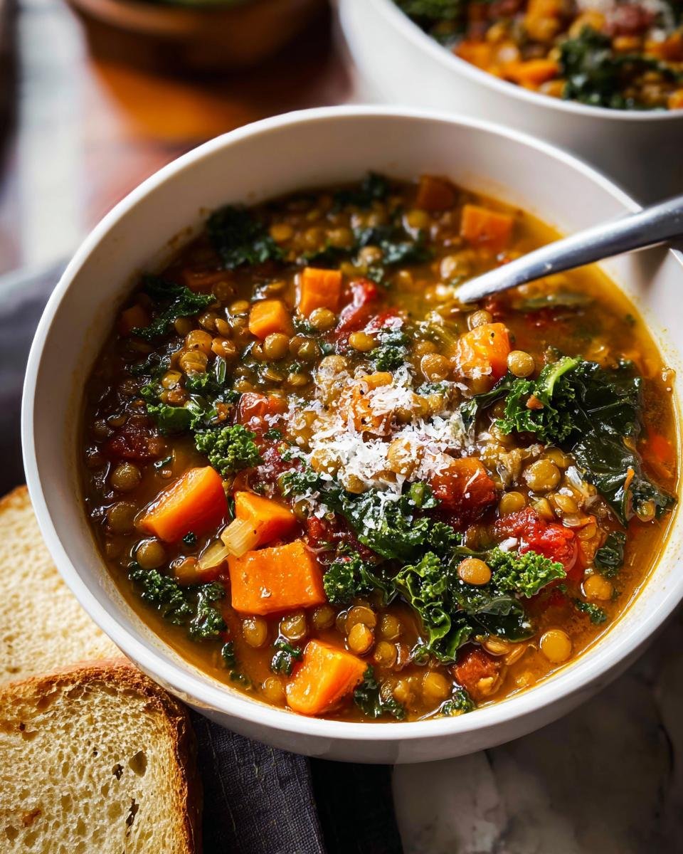 Close-up of a hearty bowl of Lentil and Vegetable Soup Protein Packed, topped with kale and grated cheese.