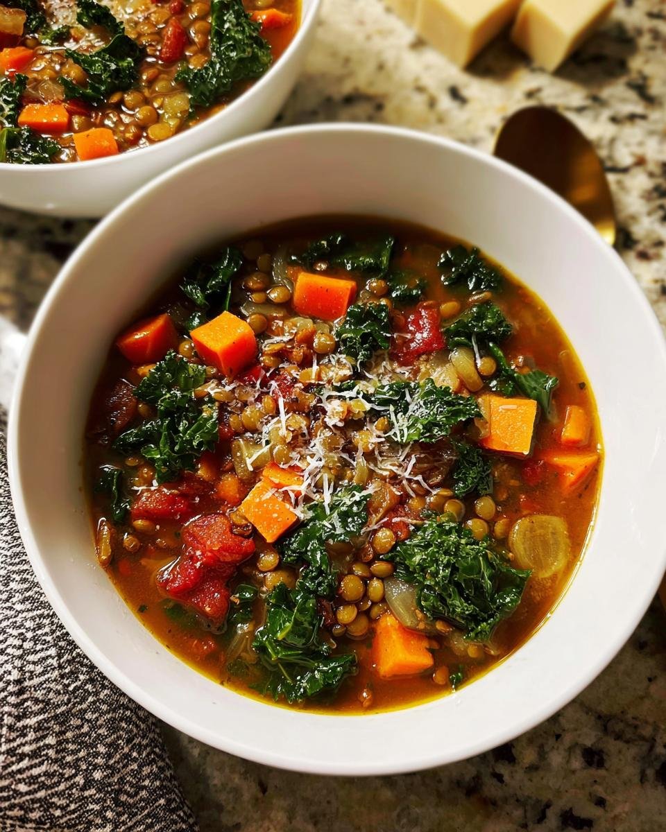 Close-up of a hearty bowl of Lentil and Vegetable Soup Protein Packed, topped with kale and grated cheese.