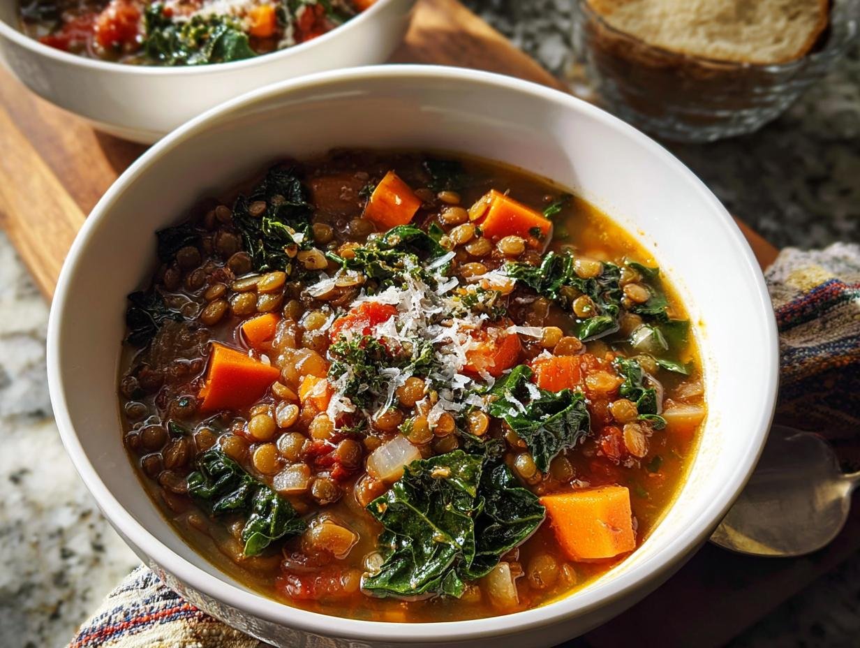 Close-up of a hearty bowl of Lentil and Vegetable Soup Protein Packed, topped with kale and grated cheese.