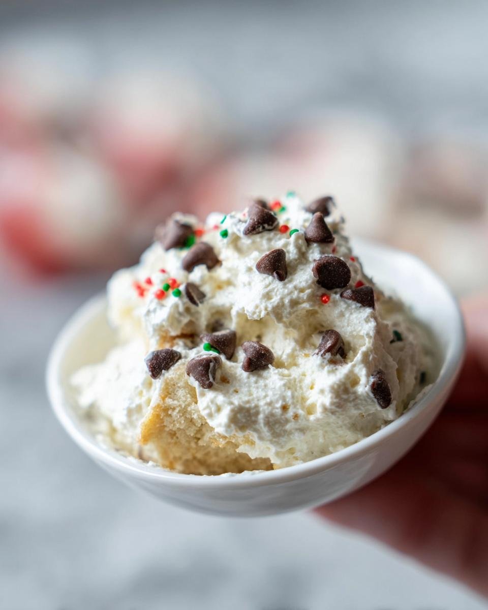 A close-up of a white bowl filled with Little Debbie Cake Dip, topped with whipped cream, chocolate chips, and festive sprinkles.