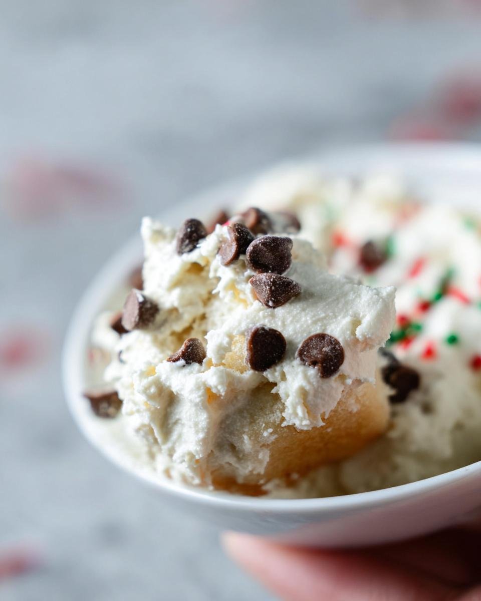 Close-up of a white bowl filled with creamy Little Debbie Cake Dip, topped with chocolate chips and festive sprinkles.