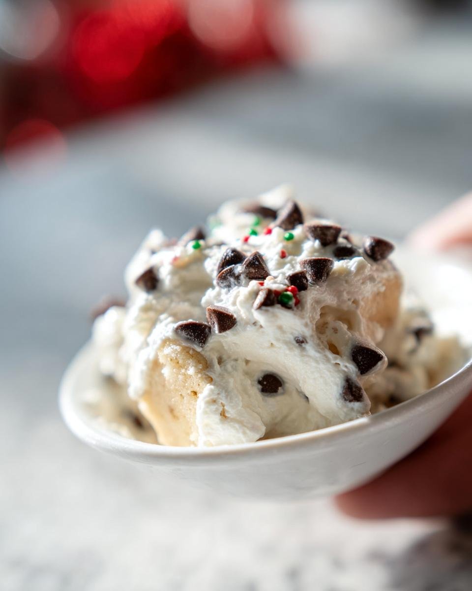 A close-up of a white bowl filled with Little Debbie Cake Dip, topped with chocolate chips and festive sprinkles.