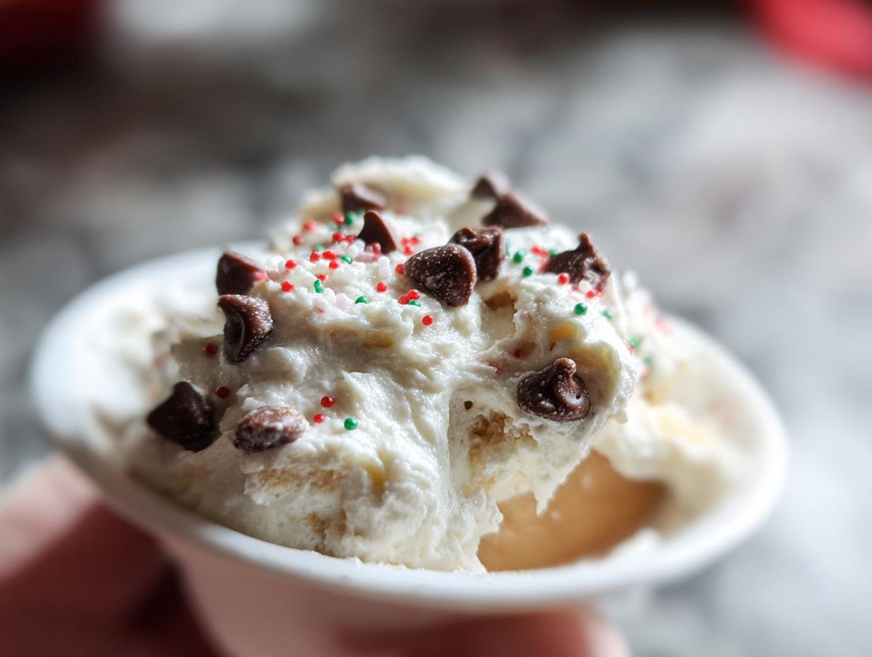 A close-up of a serving of Little Debbie Cake Dip topped with chocolate chips and festive red and green sprinkles.