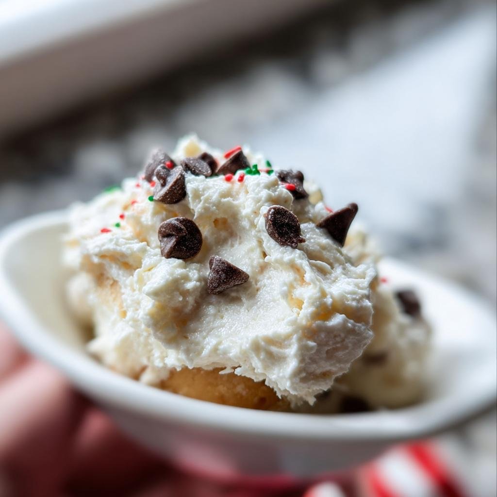 A serving of Little Debbie Cake Dip topped with chocolate chips and festive sprinkles in a white bowl.