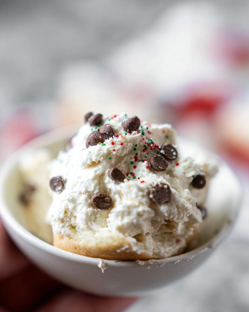 A close-up of a serving of Little Debbie Cake Dip Recipe topped with chocolate chips and festive sprinkles.