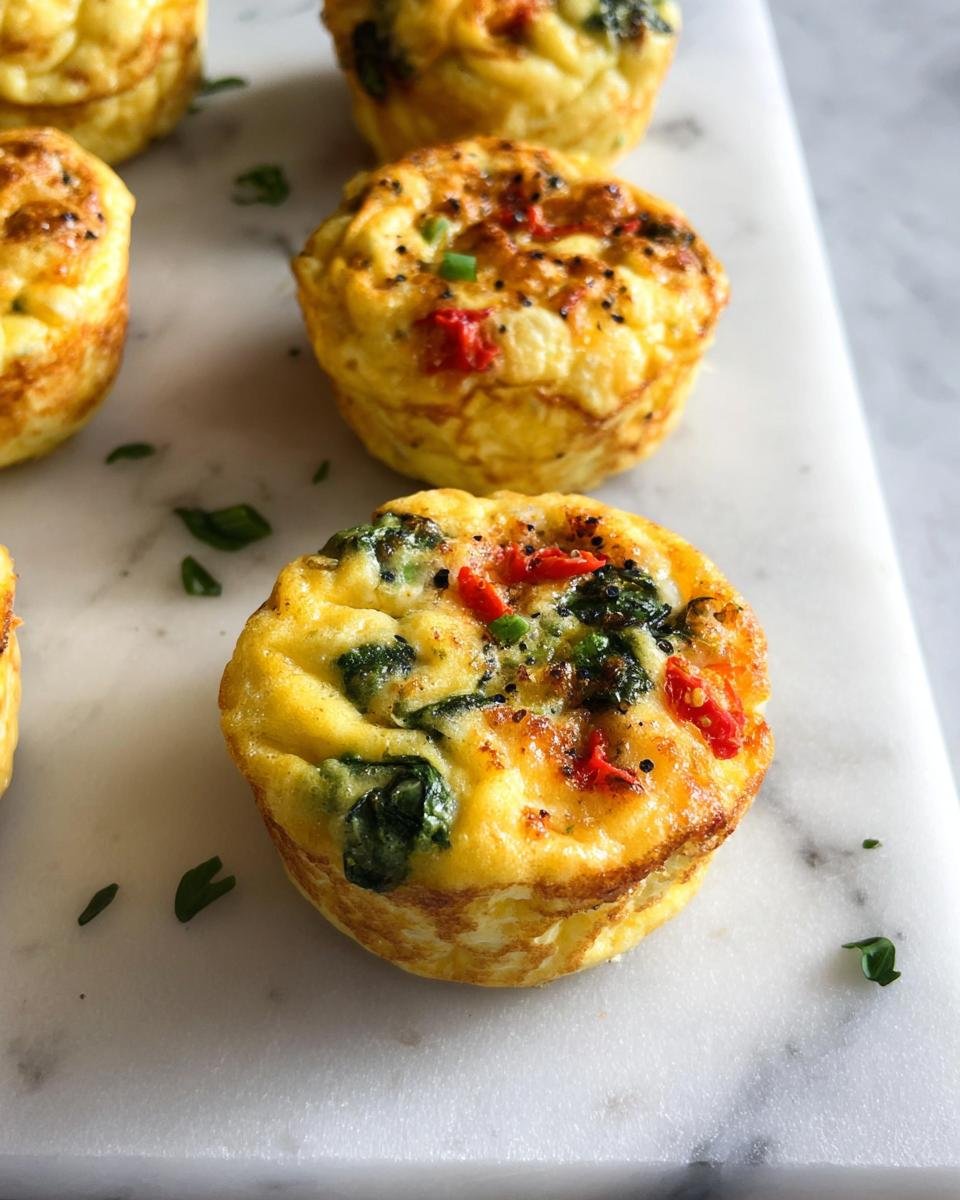 Close-up of freshly baked Make Ahead Egg Muffins Meal Prep with visible spinach and red peppers on a white marble surface.