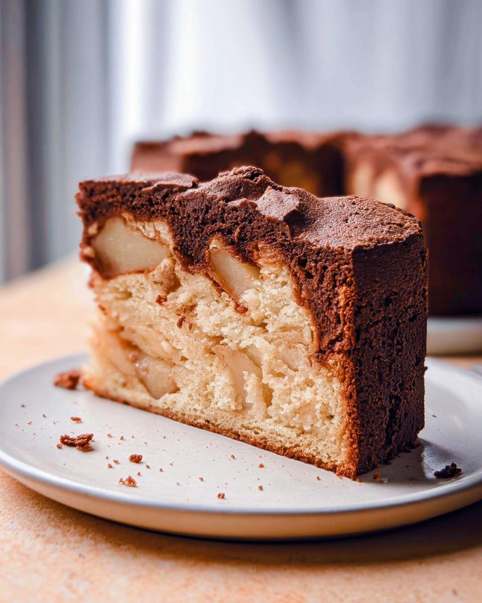 A slice of moist apple cake with a chocolate topping, showcasing chunks of apple within the healthy cake recipe.