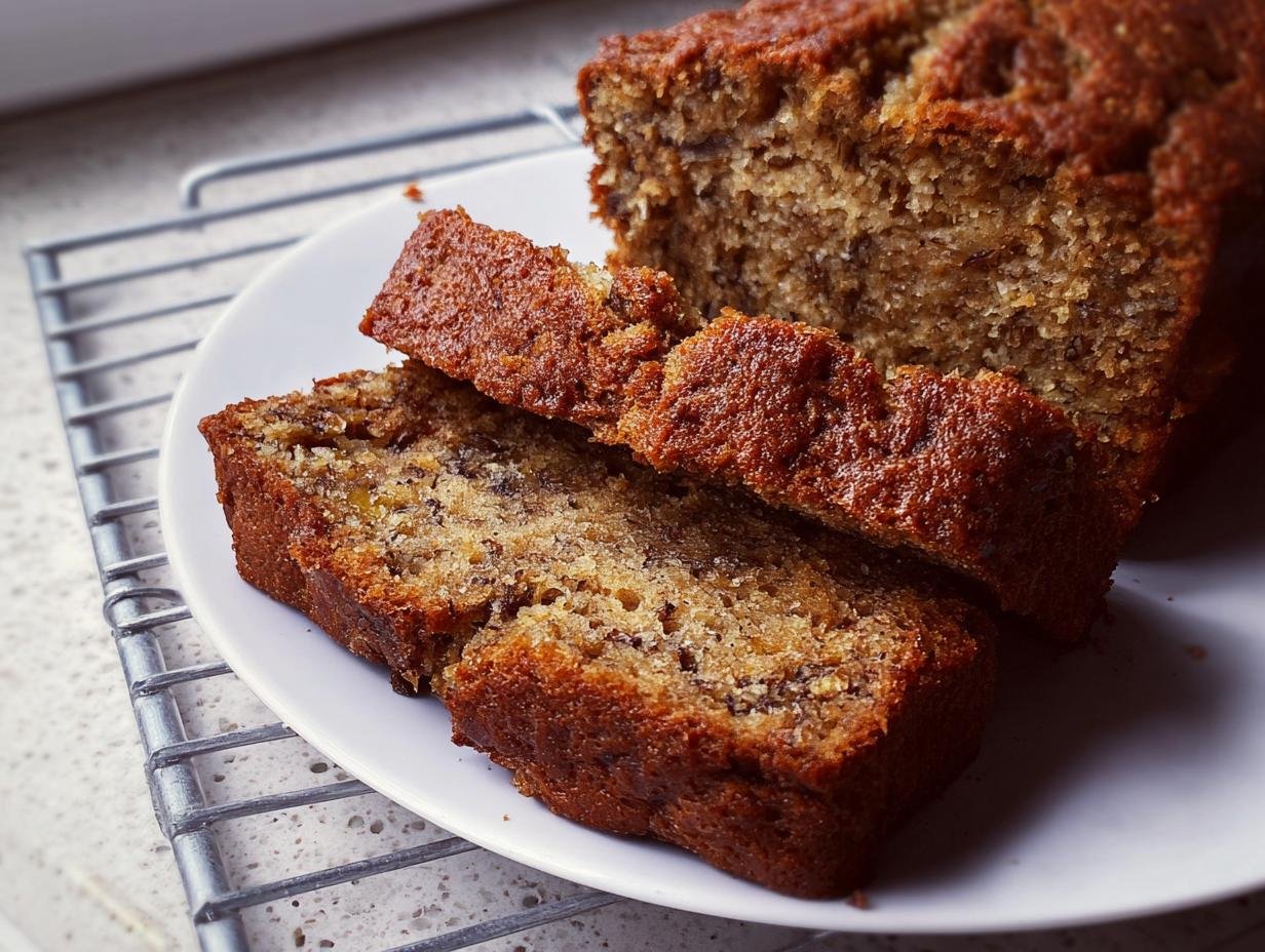 Close-up of a moist banana bread recipe loaf, with two slices cut and served on a white plate.