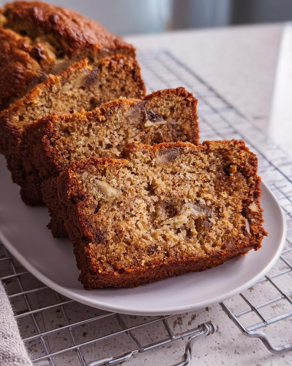 Close-up of sliced moist banana bread recipe, showing texture and banana chunks.