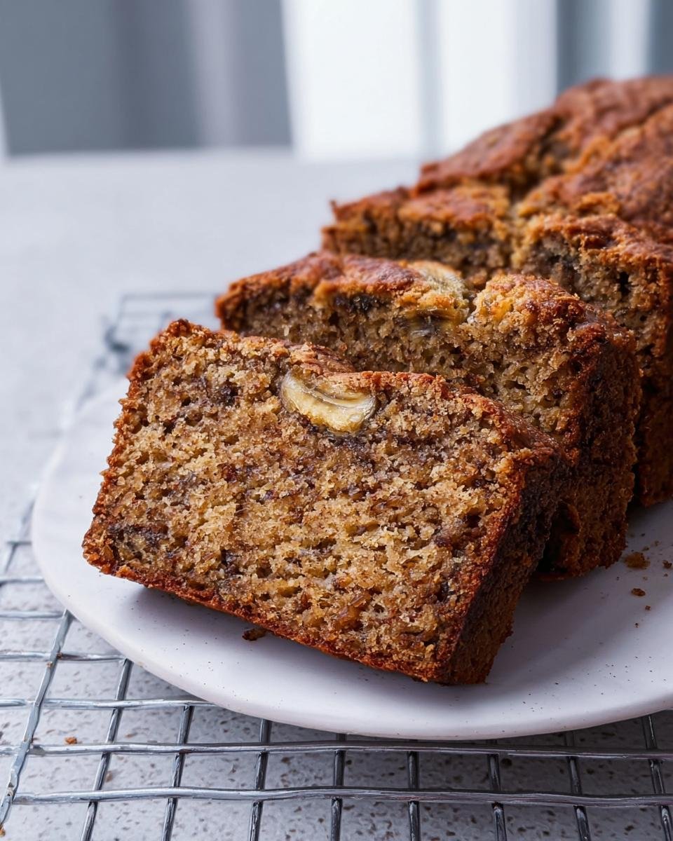 Close-up of moist banana bread slices on a white plate, showing texture and banana pieces.