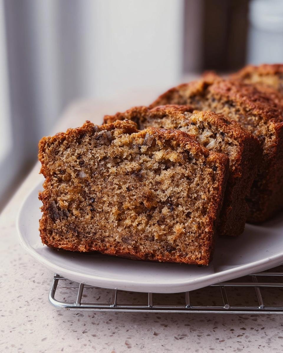 Close-up of moist banana bread recipe slices on a white plate, showcasing the texture and banana chunks.