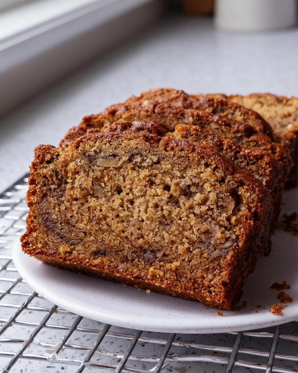 Close-up of moist banana bread slices on a cooling rack, showcasing the texture and rich brown color.