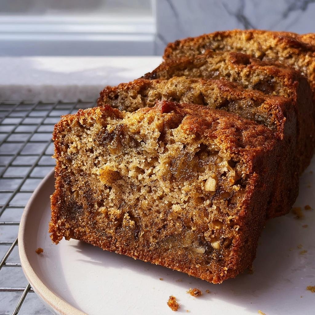 Close-up of moist banana bread recipe slices on a plate, showing texture and nuts.
