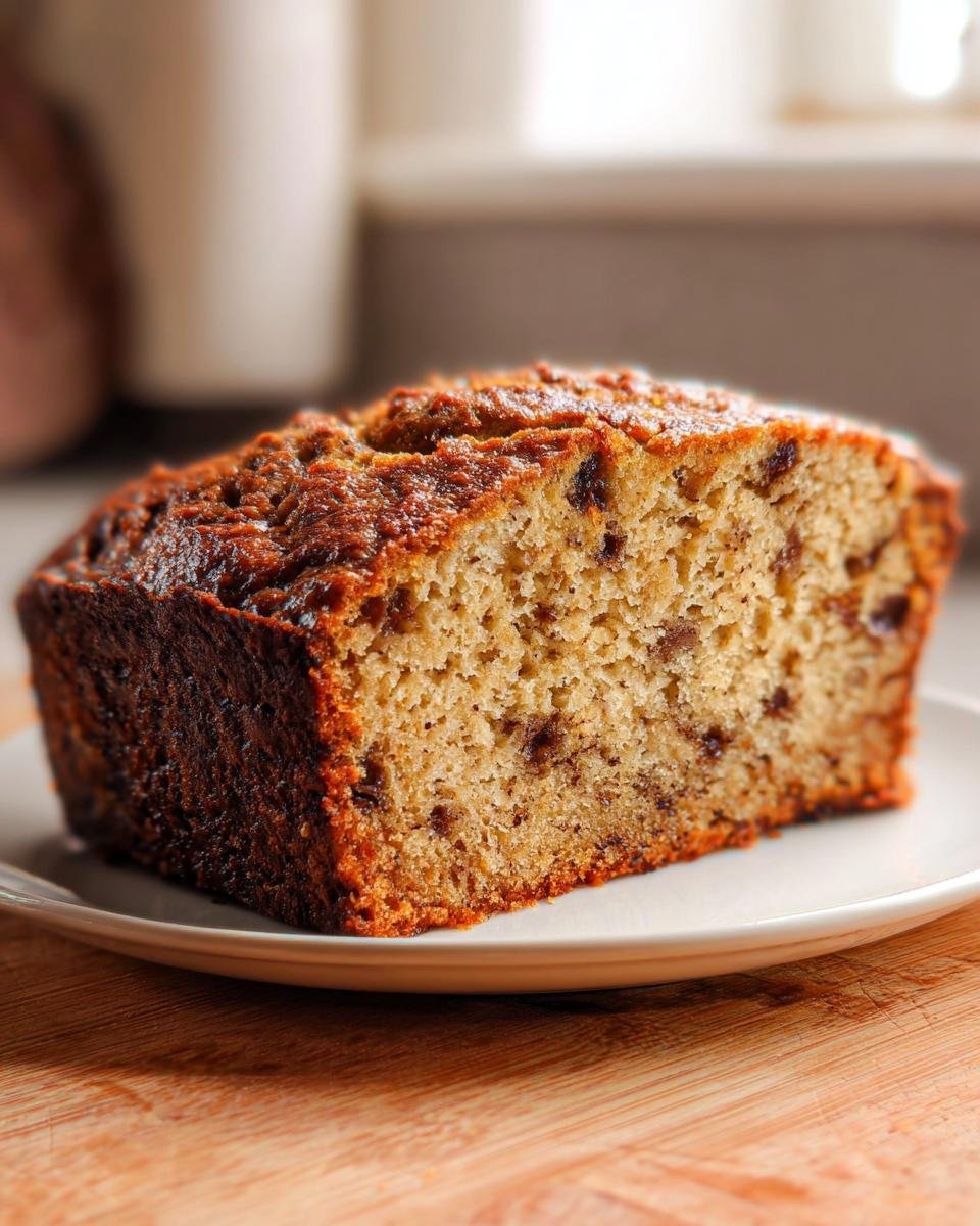 A slice of perfectly moist banana bread, studded with chocolate chips, on a white plate.