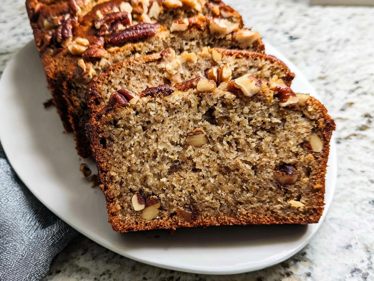 Close-up of sliced moist banana nut bread with visible nuts and a golden-brown crust.