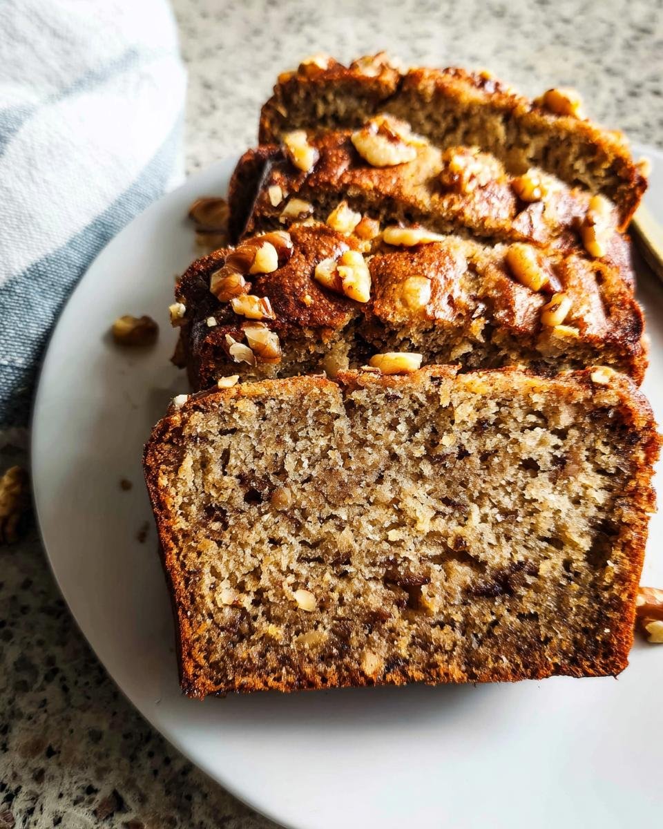 Close-up of sliced moist banana nut bread with walnuts on top and throughout.