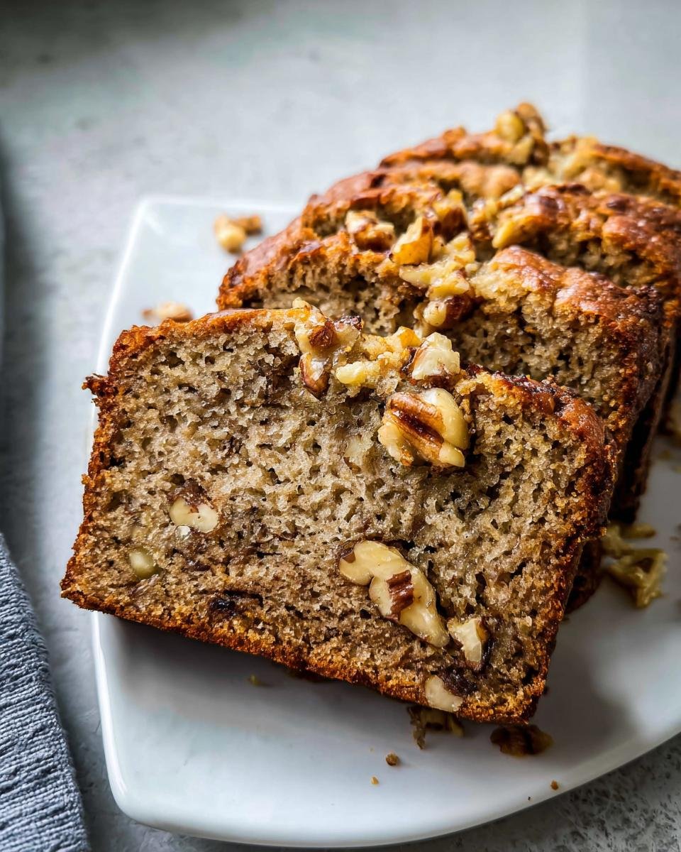 Close-up of sliced Moist Banana Nut Bread Recipe with Nuts, showcasing walnuts and a moist crumb.