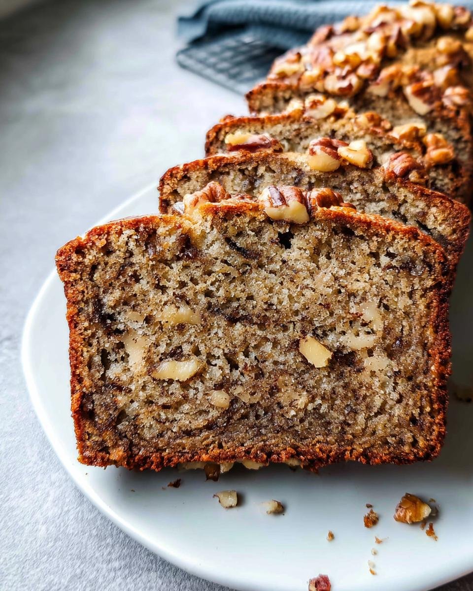 Close-up of sliced Moist Banana Nut Bread Recipe with Nuts, showing walnuts and banana texture.