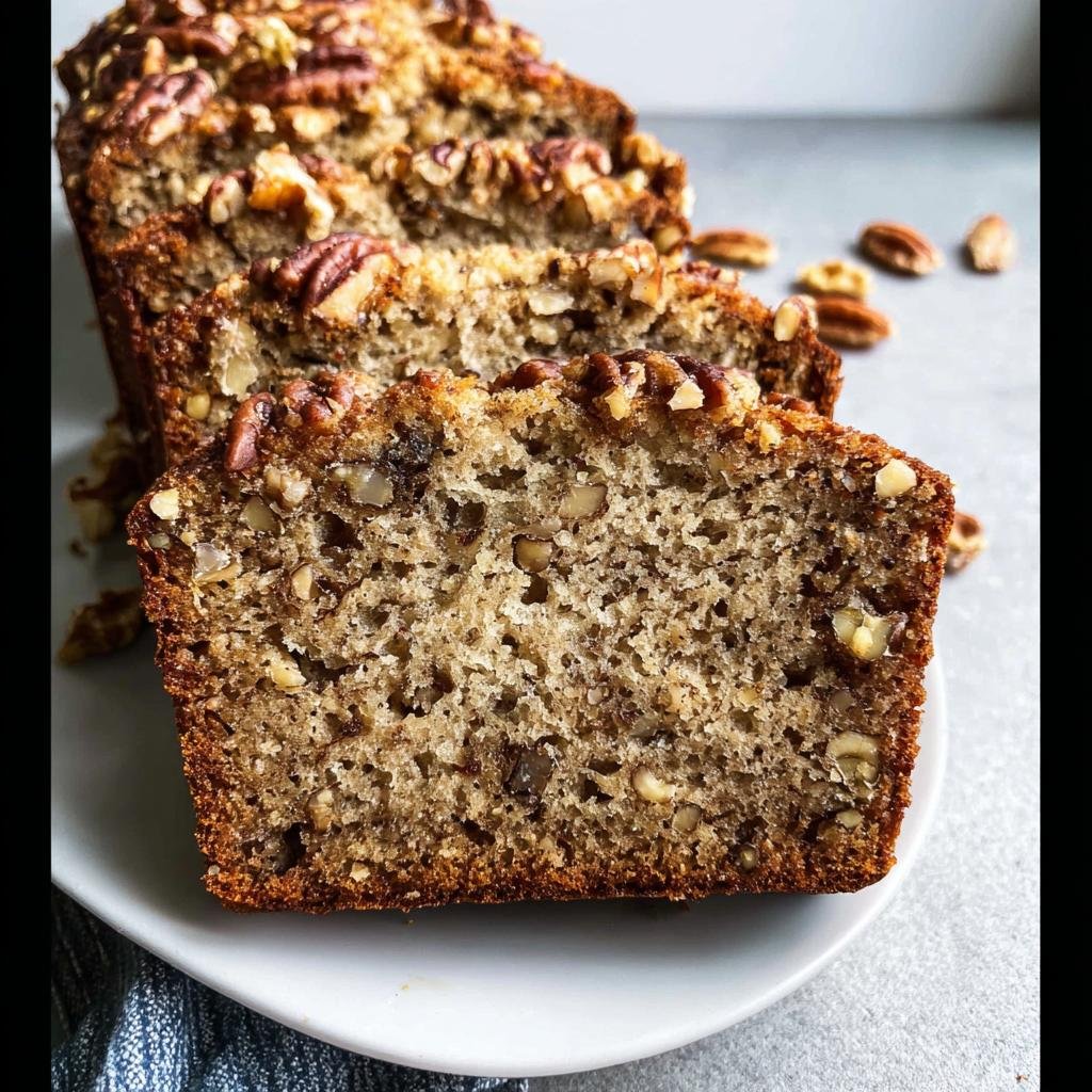 Close-up of a slice of moist banana nut bread, showcasing the texture and embedded nuts.