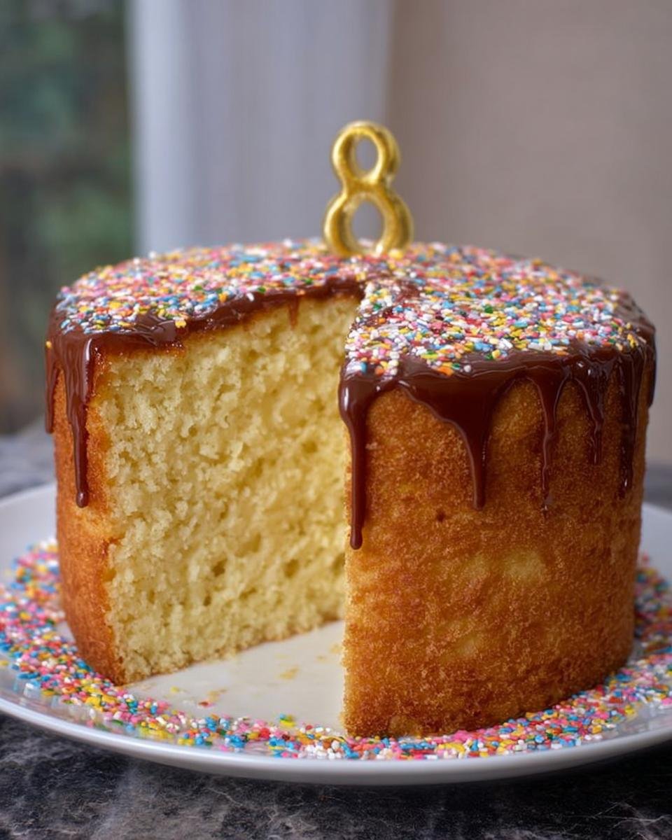 A moist vanilla sponge cake decorated with chocolate ganache, sprinkles, and a gold number 8 candle.