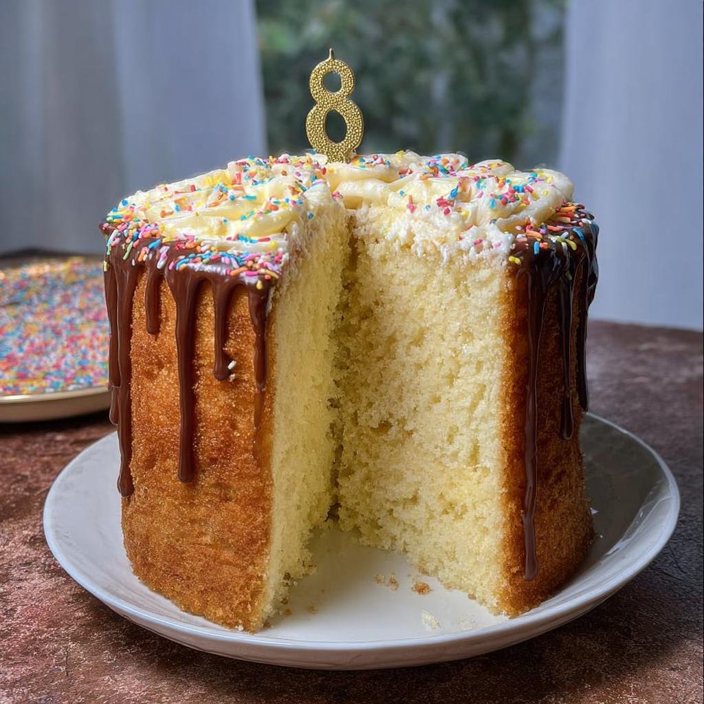 A slice of moist vanilla sponge cake topped with white frosting, chocolate drip, and colorful sprinkles, with a gold '8' candle.