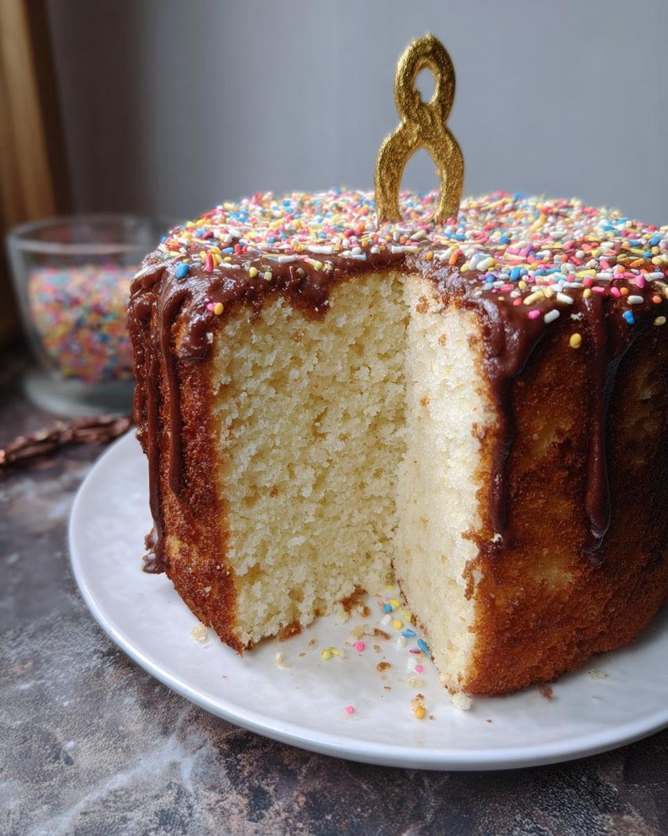 A slice of moist vanilla sponge cake topped with chocolate ganache and colorful sprinkles, featuring a golden number 8 candle.