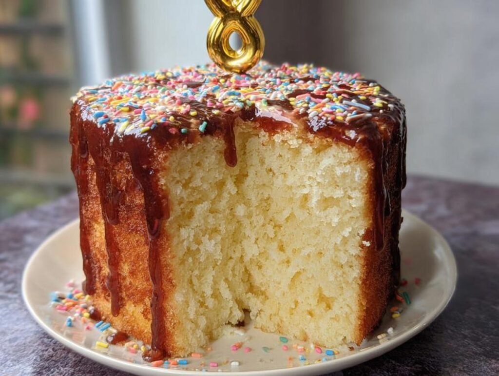 A slice of moist vanilla sponge cake topped with chocolate glaze and colorful sprinkles, featuring a golden '8' topper.