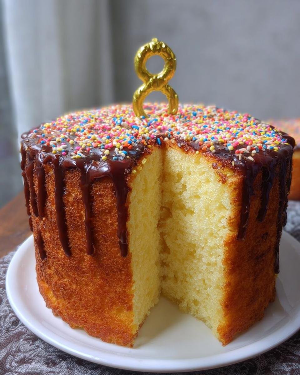 A moist vanilla sponge cake topped with chocolate drizzle, colorful sprinkles, and a golden number 8 candle.