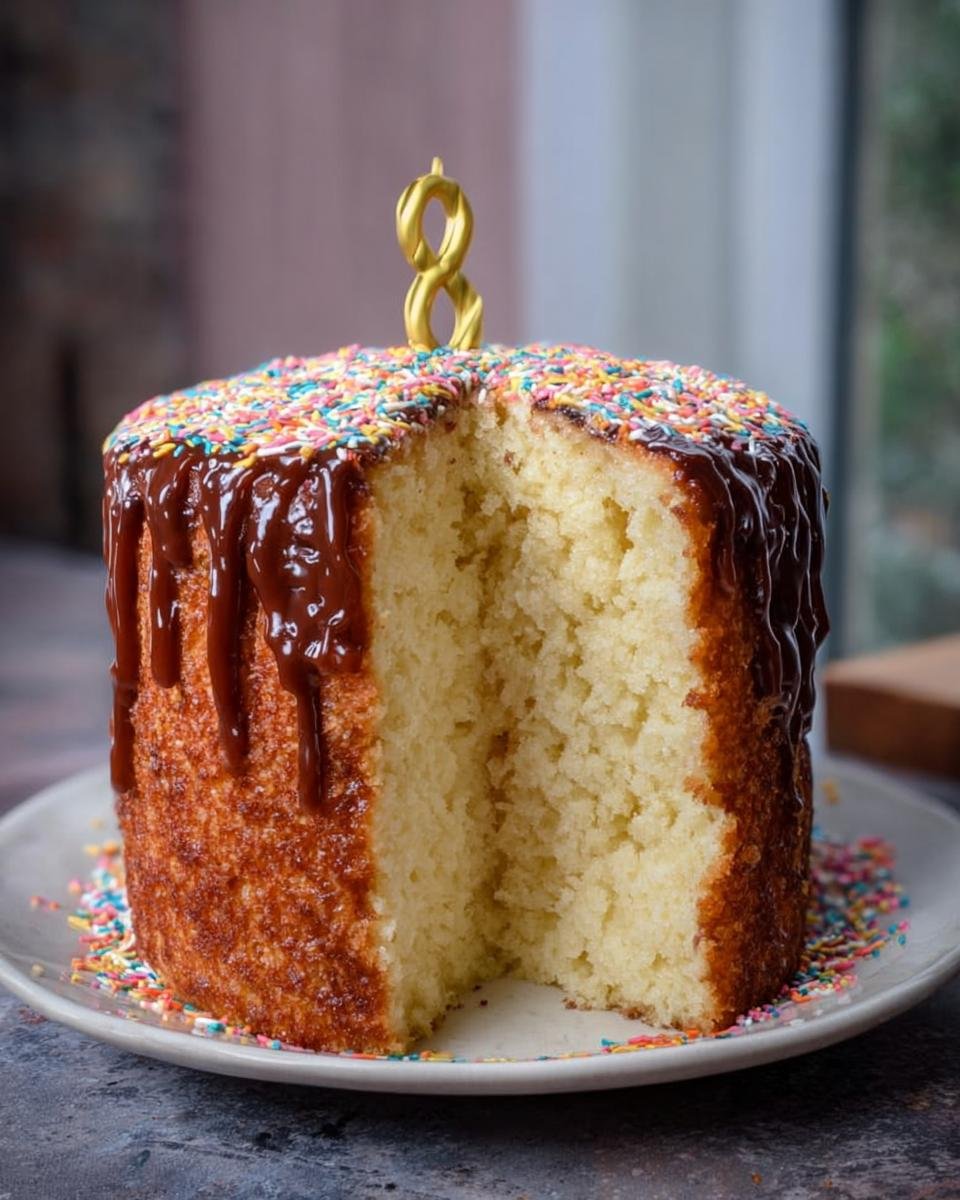 A moist vanilla sponge cake with chocolate drizzle, colorful sprinkles, and a golden number 8 candle, with a slice removed.