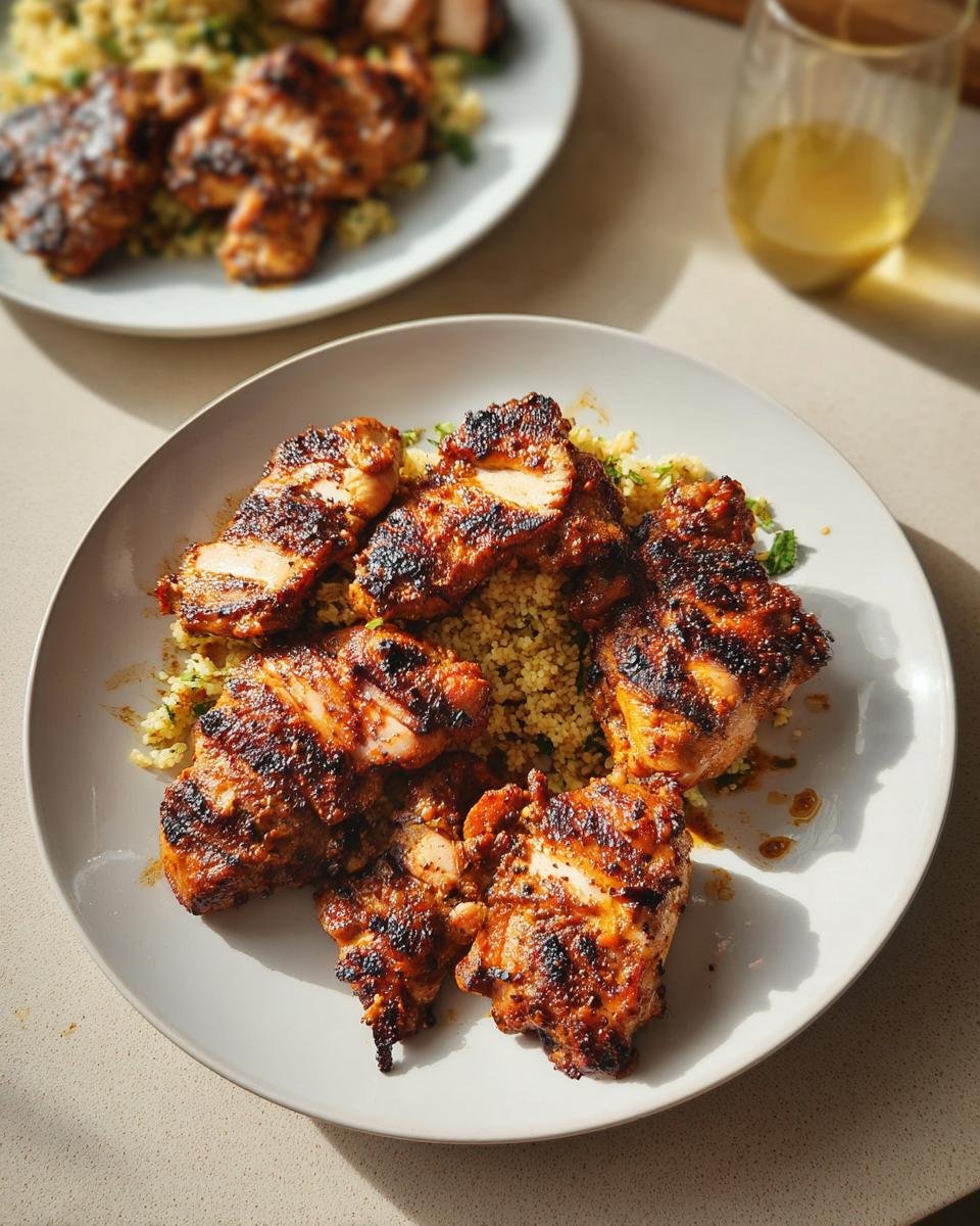 Close-up of grilled Moroccan Spiced Chicken Thighs served over a bed of herbed couscous on a white plate.