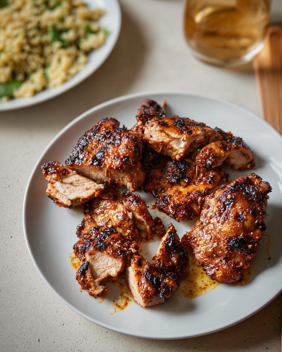 Close-up of sliced Moroccan Spiced Chicken Thighs, caramelized and juicy, served on a light gray plate.