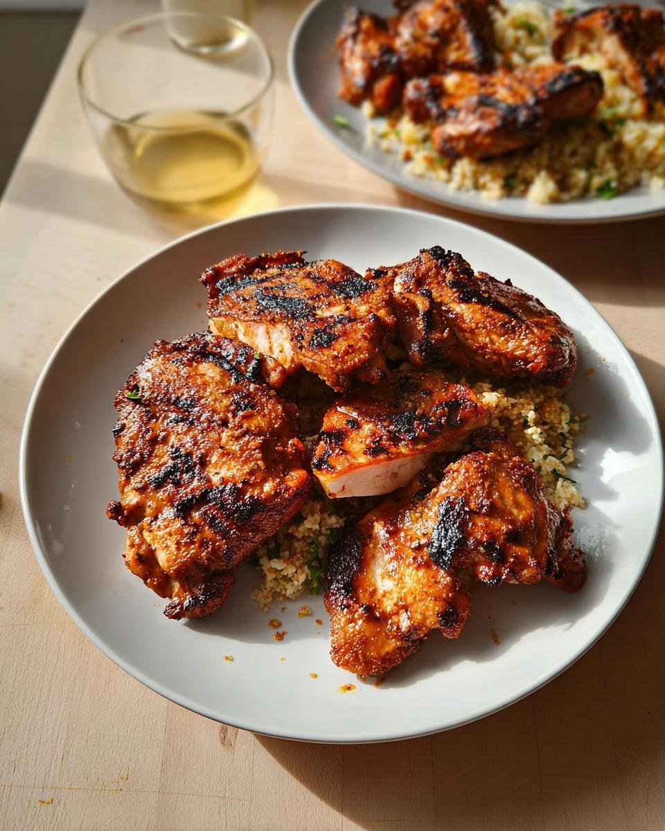 Close-up of grilled Moroccan Spiced Chicken Thighs served over fluffy couscous on a white plate.