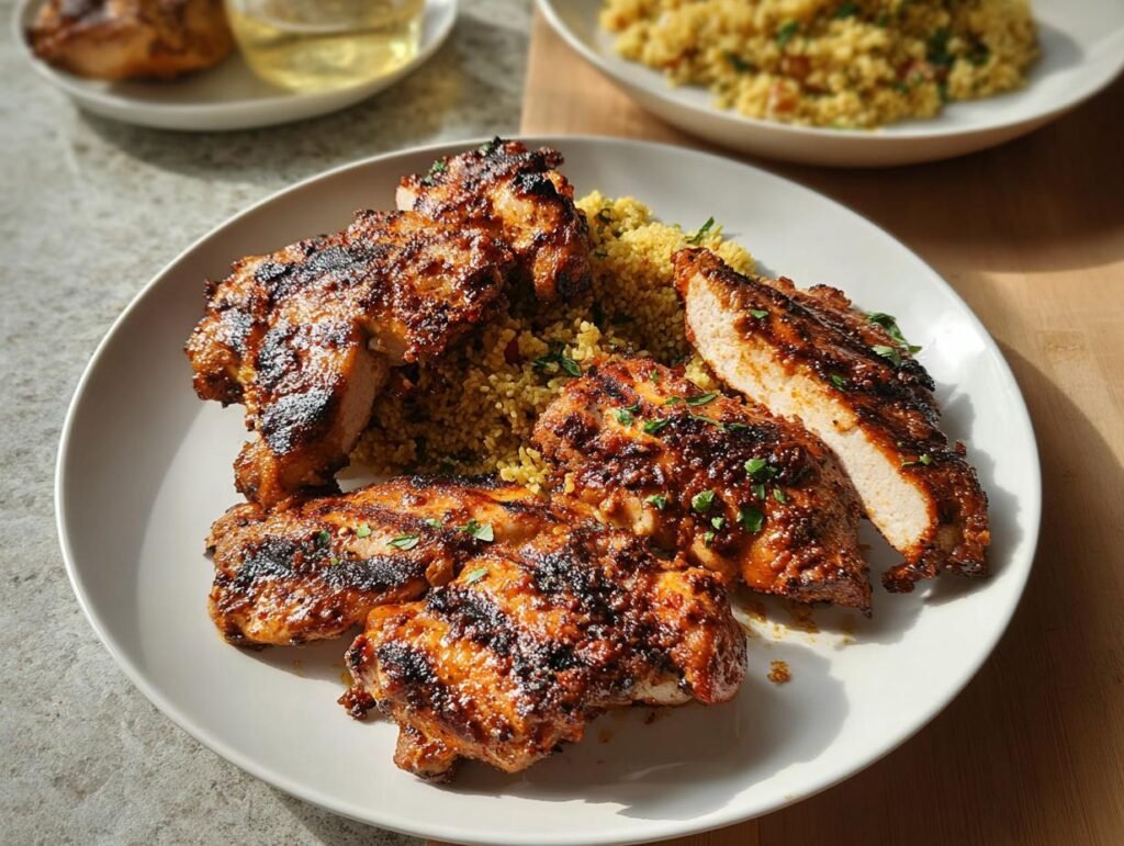 A plate featuring several pieces of richly seasoned Moroccan Spiced Chicken Thighs served over a bed of couscous.