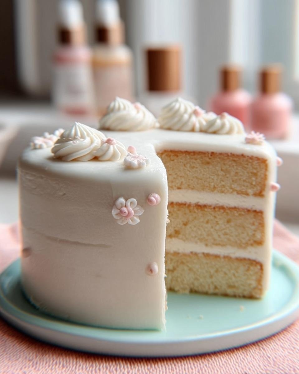 A slice of a new cake design featuring three layers of vanilla cake with white frosting, decorated with delicate pink flowers and piped frosting swirls.