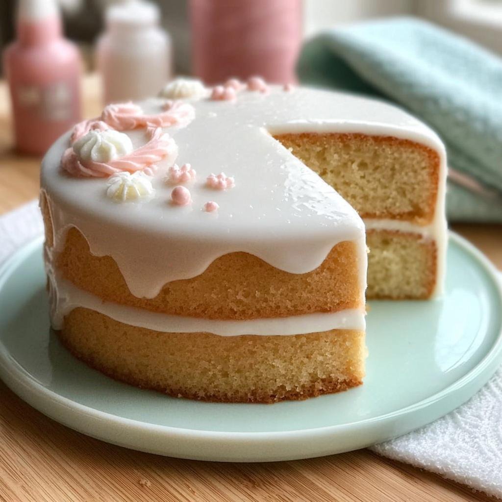 A two-layer white iced cake with delicate pink and white frosting details, showcasing new cake designs for celebrations.