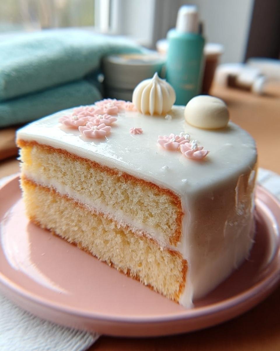 A slice of a new cake design featuring a white glazed cake with delicate pink floral decorations and white piped details.